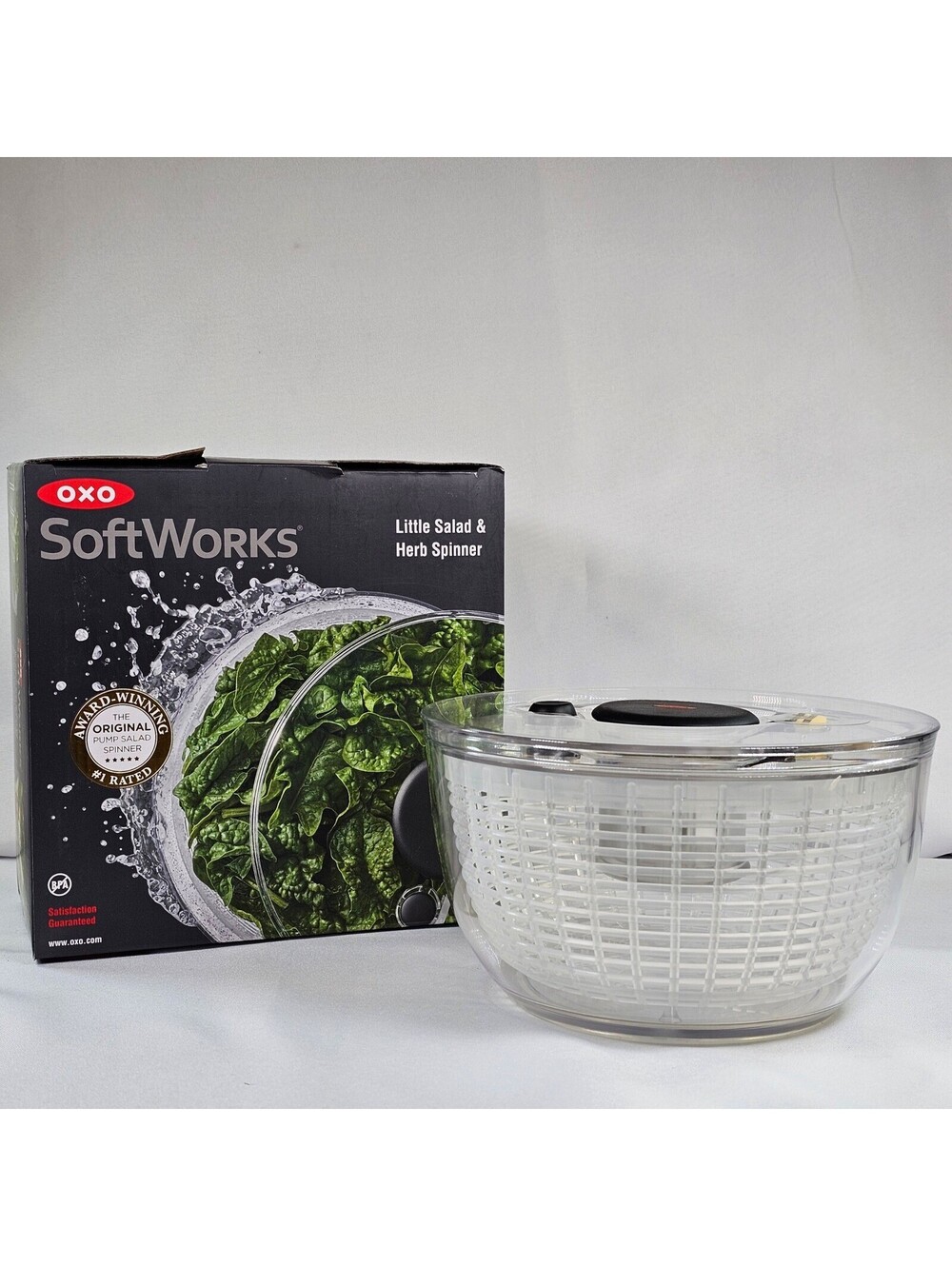 New OXO SoftWorks Little Salad and Herb Spinner Clear White Pump Action BPA Free